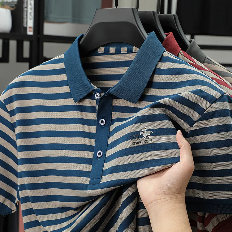 Men Striped Short Sleeve Polo Shirt Business Collar Casual Breathable Comfortable Top 23 undefined