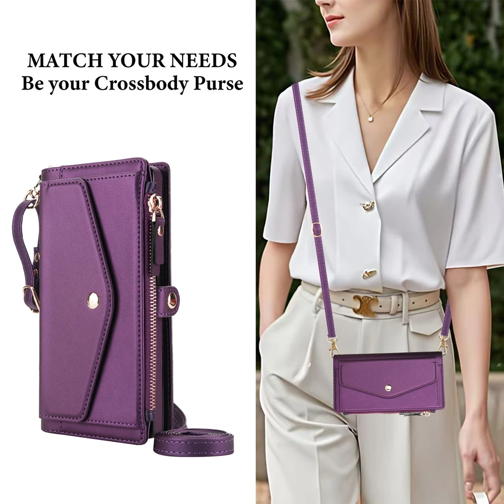 Premium 2-in-1 Lanyard Zipper Leather Wallet Phone Case and Purse Cover