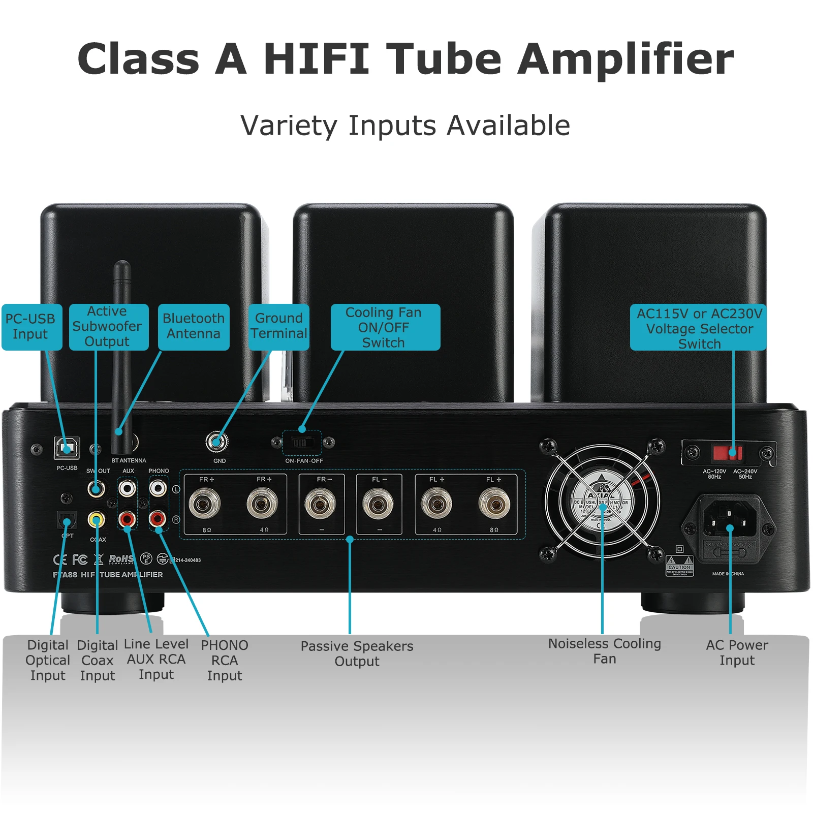 주손 오디오 FTA88 180W KT88 진공관 앰프 클래스 A HIFI 통합 진공관 앰프 (MOSFET 싱글 엔디드 듀얼 모드 리모컨 aptX-HD 지원)