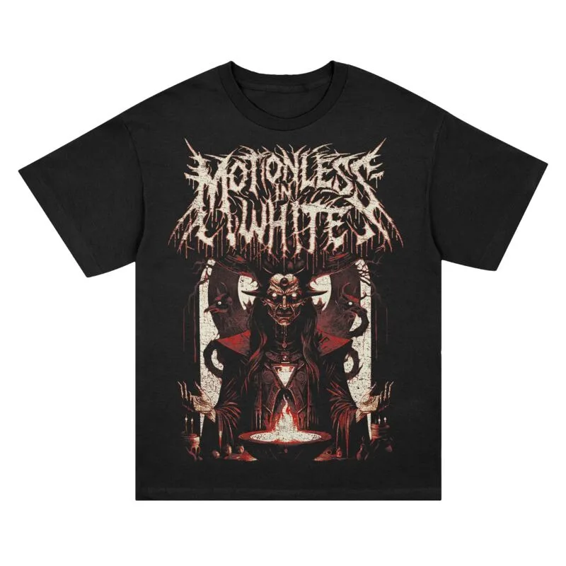 Motionless in White Demon Priest Tee, Metal-T-Shirt mit dunklem Okkultkunst- und Bandlogo-Print, Metal-Fan-Merchandise