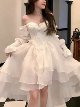 Pure Color Fairy Midi Dress Women White Elegant Evening Party Dress Beach 2026 New Casual Long Sleeve Fashion Dress Korean 1