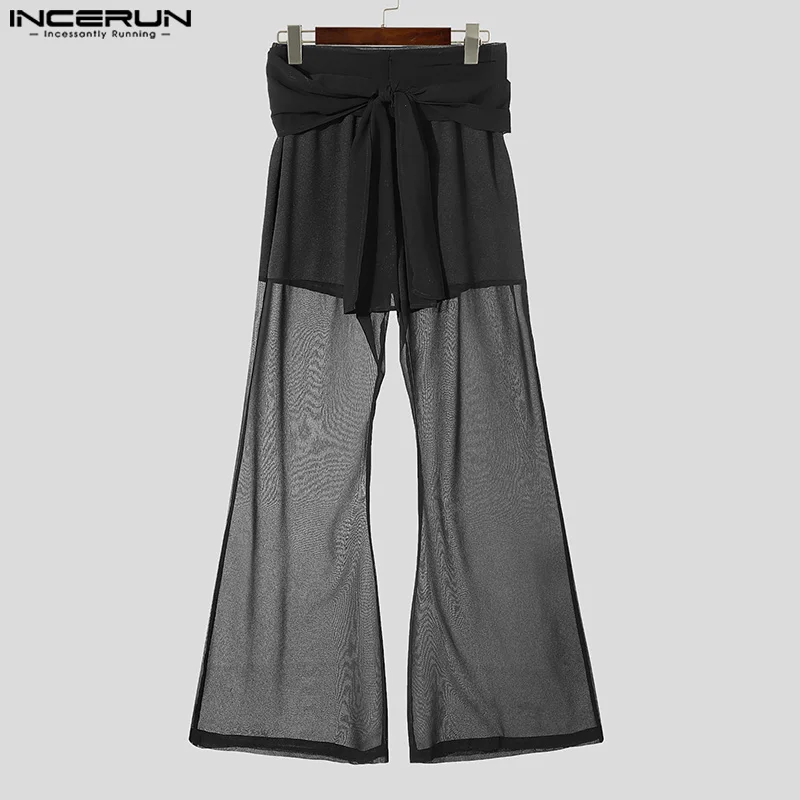 INCERUN Men Casual Long Pants 2024 Streamers Belt Mesh Splicing Trousers Hansome Male Wide Leg Bottoms Simple See Through Pants 2