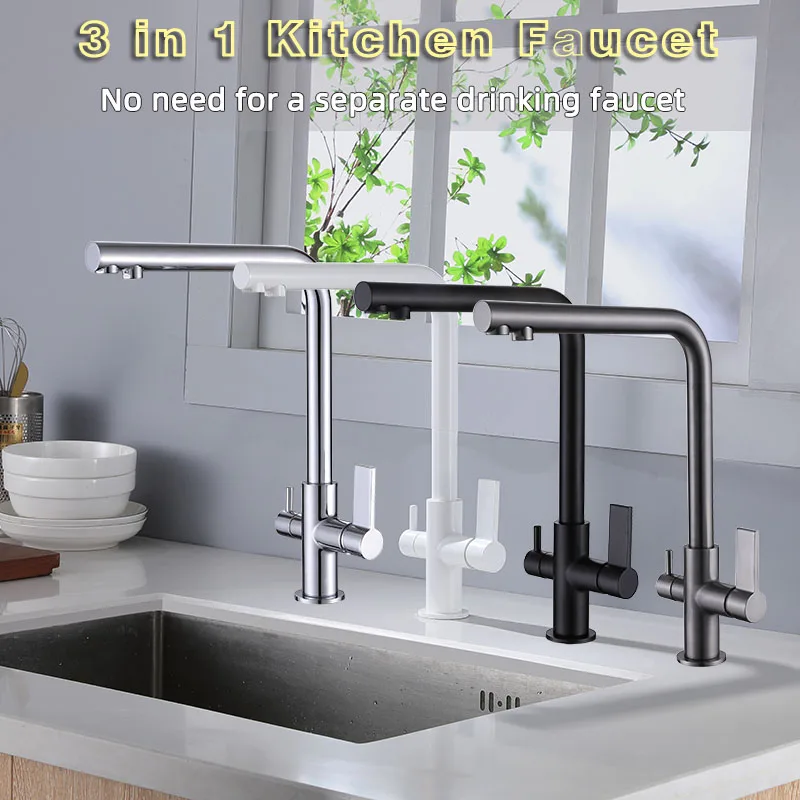 

Brass Kitchen Sink Faucet 360 Degree Rotation Water Purification Tap Dual Handle Hot Cold Mixer Taps