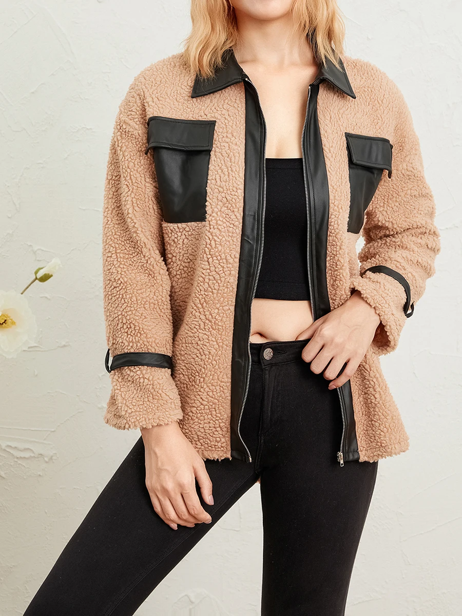 

Женское зимнее теплое пальто из овечьей шерсти с длинным рукавом, куртка на молнии с высоким воротником, Повседневная Свободная верхняя одежда контрастных цветов