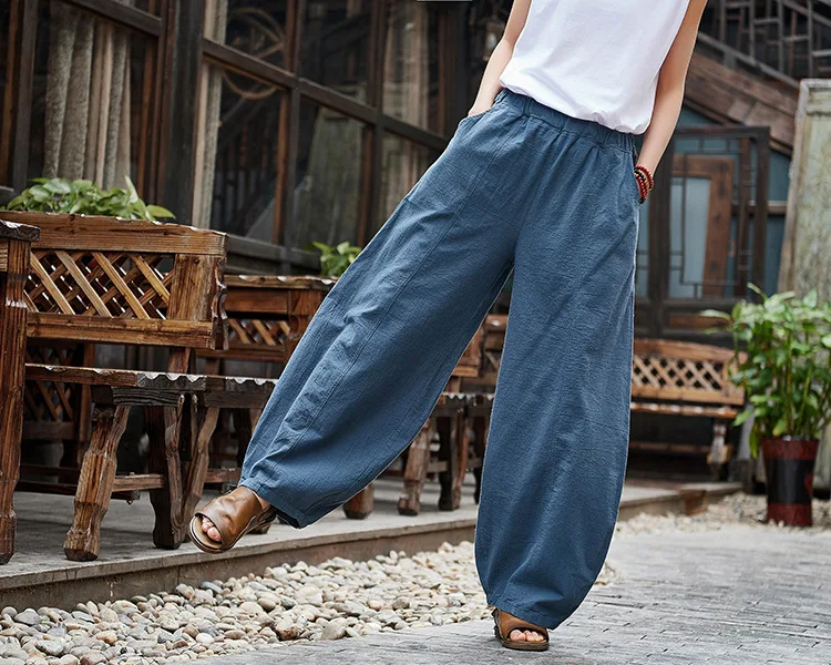 Vintage Style Cotton Linen Women Pants 2022 Spring Summer New Elastic Waist Solid Color Women Vintage Wide Leg Pants RV911 nike pants