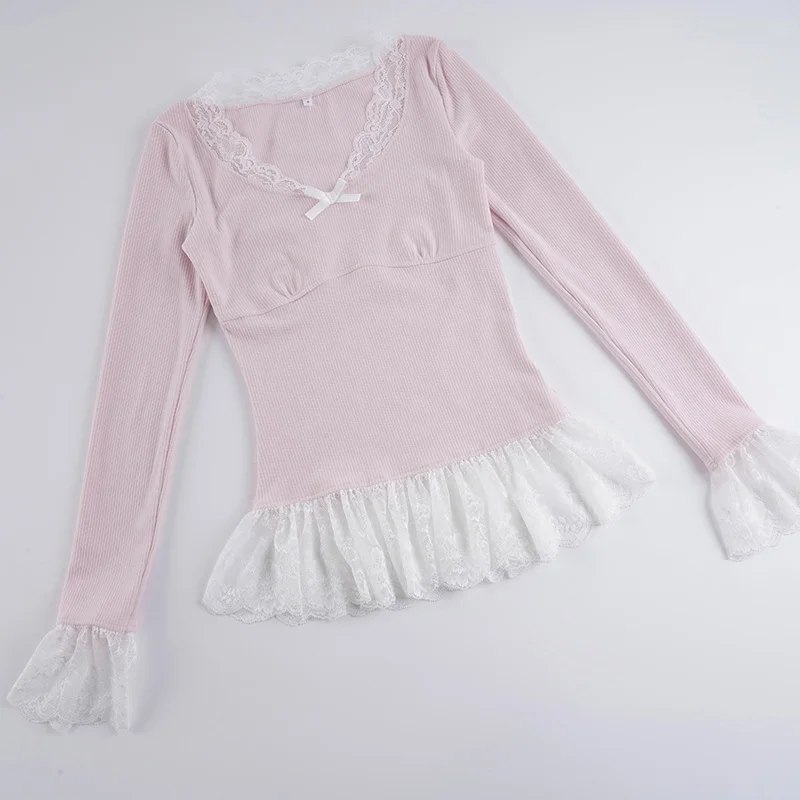 Sweet Patchwork Lace Trim Bow T-Shirt Casual Slim V-Neck Long Sleeve Tees Women 2025 Autumn Spring Fashion Streetwear Ladies 6
