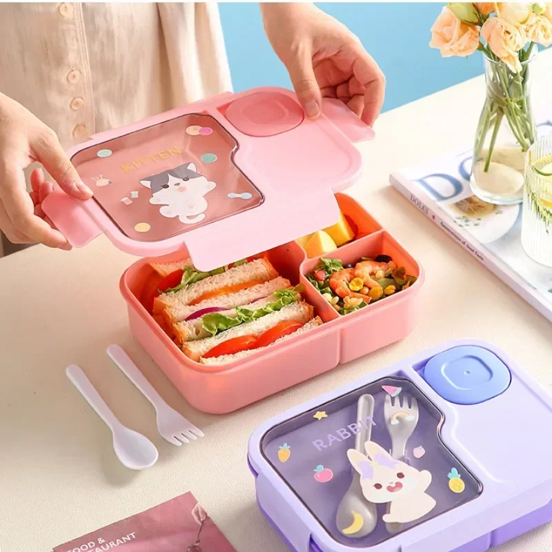 Bento Lunch Box For Kids Girls Cartoon Students Kawaii Cute Heated 3 Grid Sandwich Snack Food Box Special Canteen Food Storage - 6