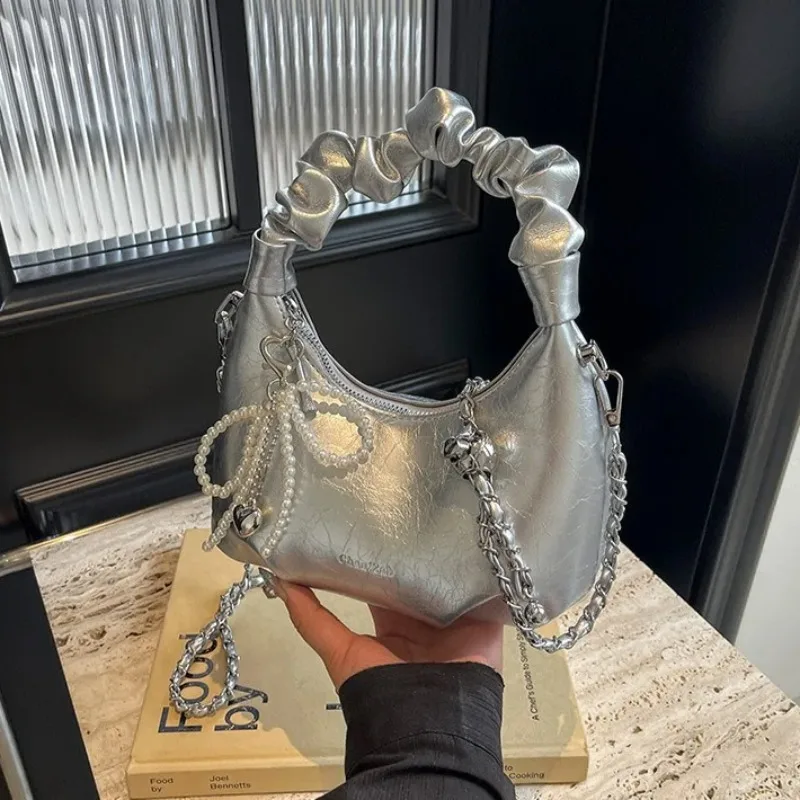 Y2K Underarm Bags for Women Girls Pleated Handle Design Ladies Pearl Bow Handbag Adjustable Strap Shoulder Crossbody Bag
