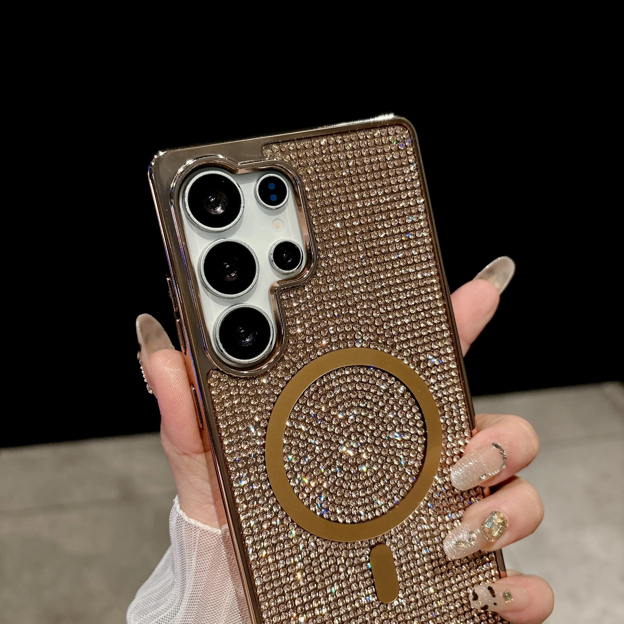 Glitter Diamond Plating TPU+PC Phone Case with Wireless Charging and Magnetic Feature - Girly Cover