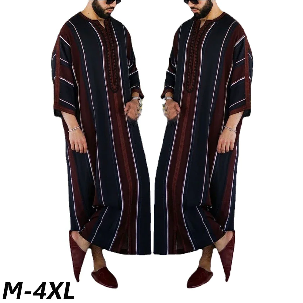 Men Vintage Abaya Arabic Muslim Long Robes Islamic Clothing Loose Shirt Jubba Thobe Stripe Saudi Arab Middle East Muslim Dresses - Image 3