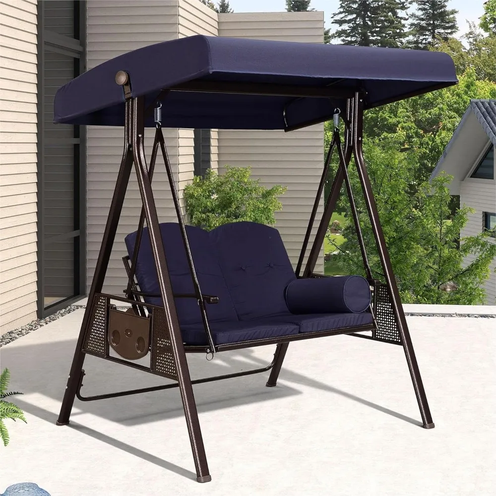 

Outdoor Patio Porch Swing with Weather Resistant Steel Frame, Adjustable Tilt Canopy, Cushions and Pillow Navy BluePatio Swings