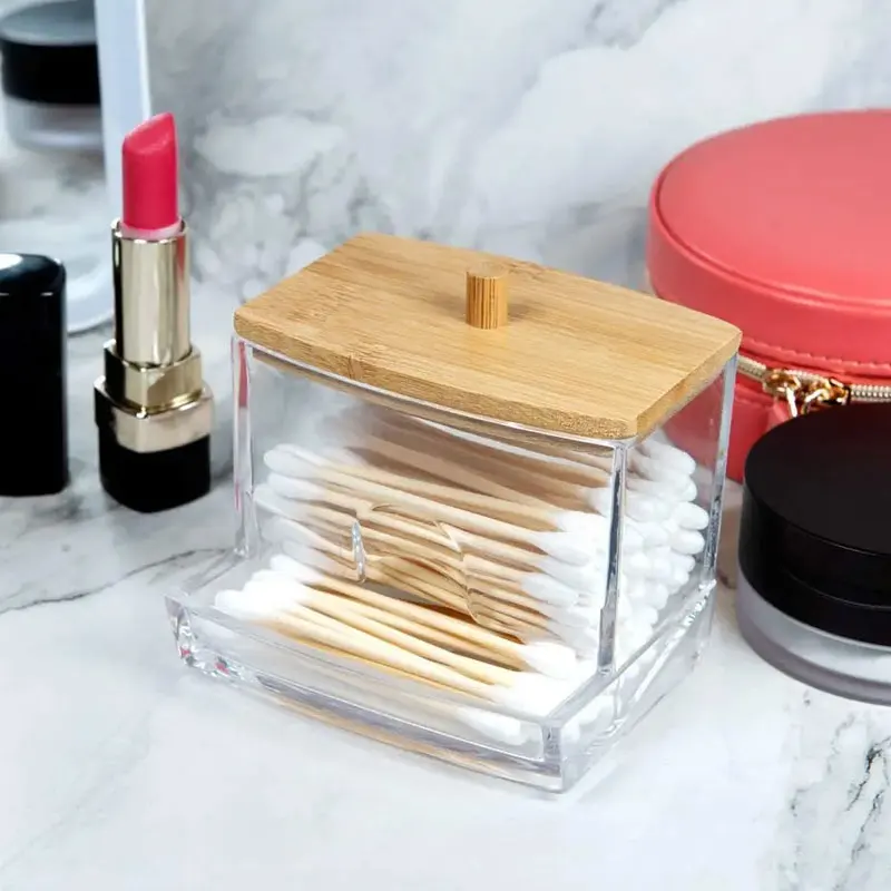 1pc7 Oz Cotton Swab Pads Holder Organize And Store Cotton Buds With Wood Lids For Bathroom And Apothecary Jars