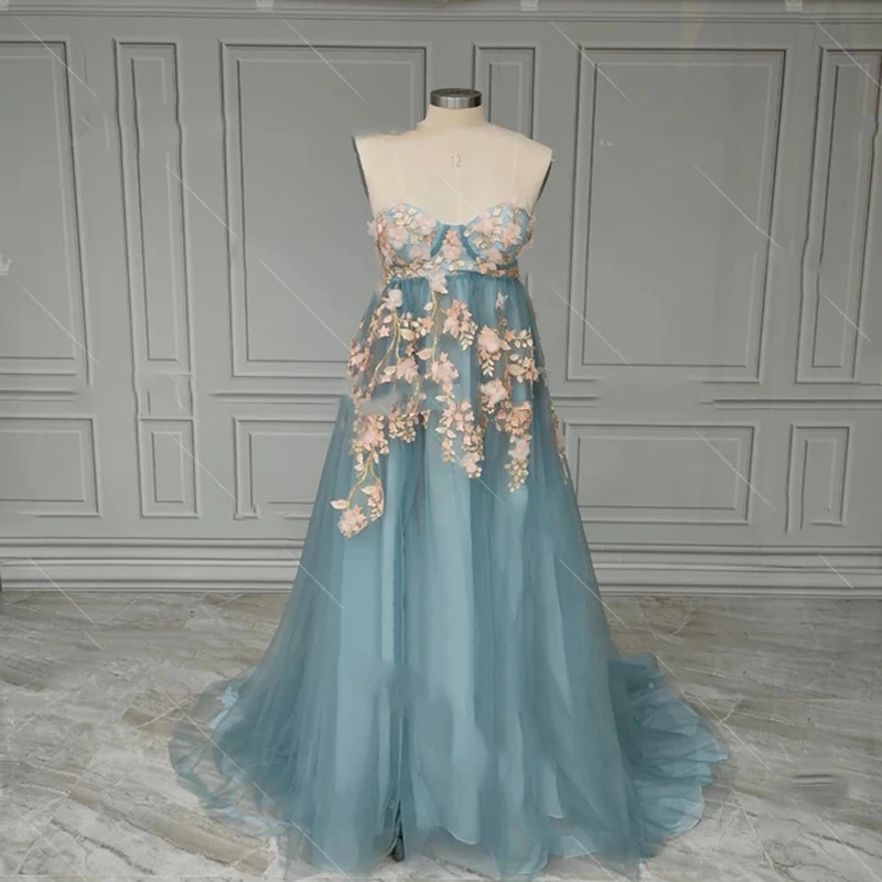 Photoshoot Tulle Maternity Dress with Mint Green Appliques 3D Flowers Off Shoulder Pregnancy Dresses for Baby Shower