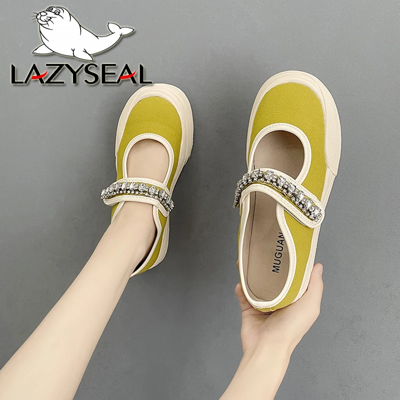 LazySeal Women Flat Crystal Design Round Toe Casual Shoes Hook Loop Canvas Upper Ladies Footwear Summer Breathable Flat Shoes