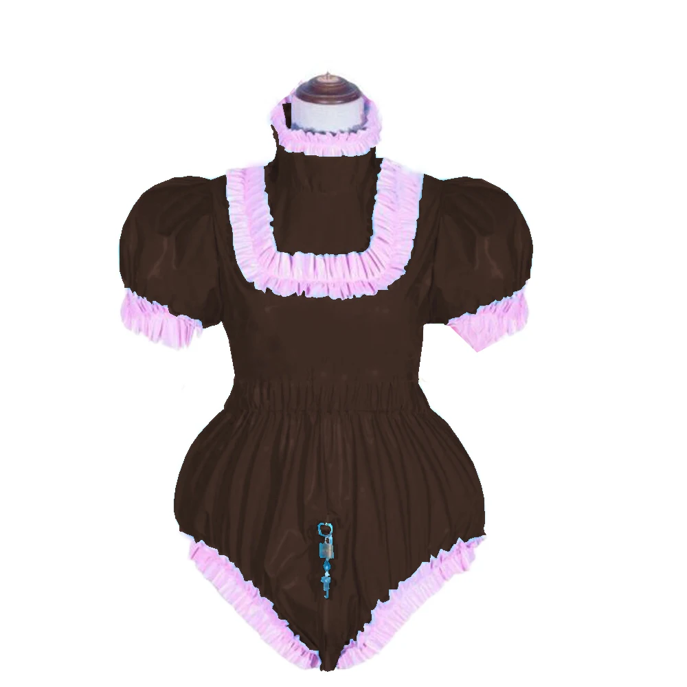 Lockable PVC Bodysuit With Skirt - Lolita Puff Sleeve Romper For Crossdressing, Cosplay & Halloween