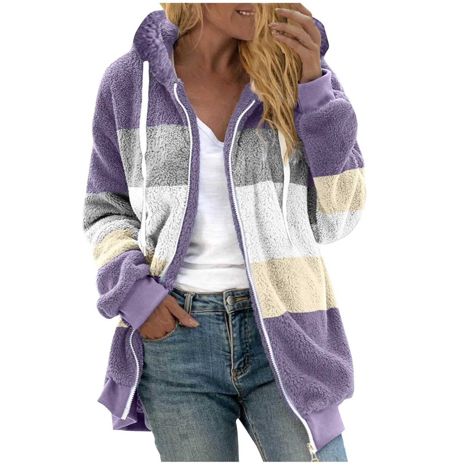 

Y2k Women Color Block Zip Up Hoodie Fleece Jacket Thick Warm Winter Plush Zipper Sweatshirt Outwear Hoodies Tops Clothes