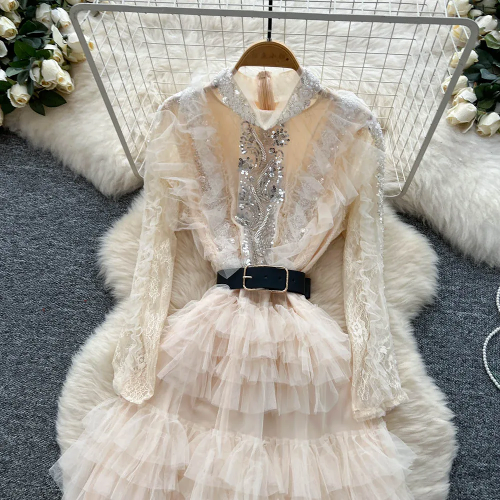 Elegant Embroidered Sequins Long Dresses Autumn Women Layer Ruffles Cake Full Sleeve Evening Party Vestidos Mesh Tulle Long Robe