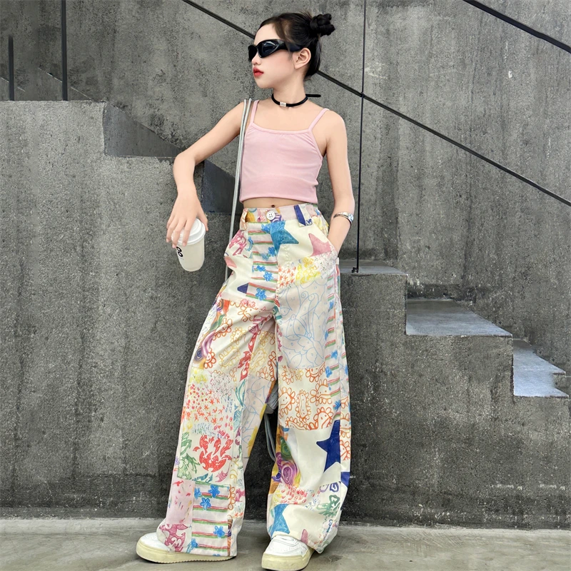 teen Funny Print Pants Girl Graffiti printed straight Wide Leg Trousers Casual Child Loose Pantalones Thin Sweatpants Streetwear
