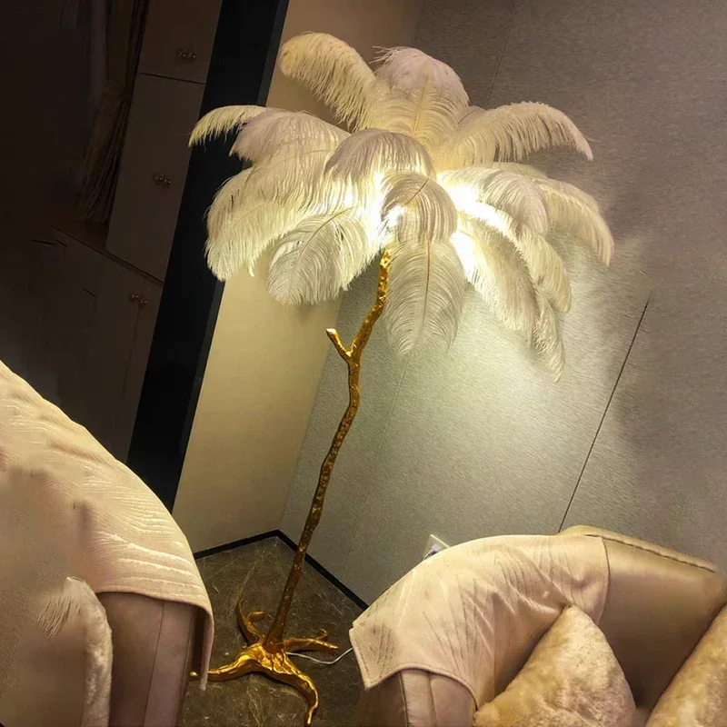 

Nordic Ostrich Feather Led Floor Lamp Resin Copper Living Room Home Decor Standing Light Indoor Lighting Bedroom Bedside Light