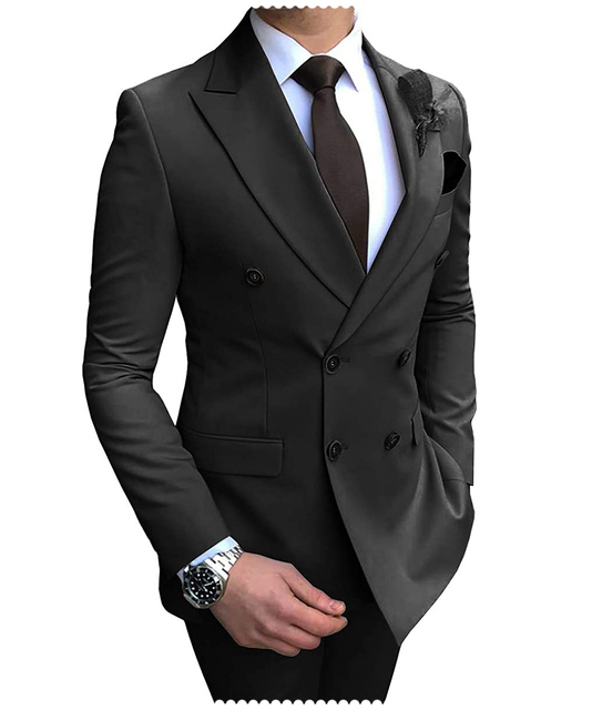 2024 New Beige Men's Suit 2 Pieces Double Breasted Notch Lapel Flat Slim Fit Casual Tuxedos For Wedding(Blazer+Pants) - Black, S