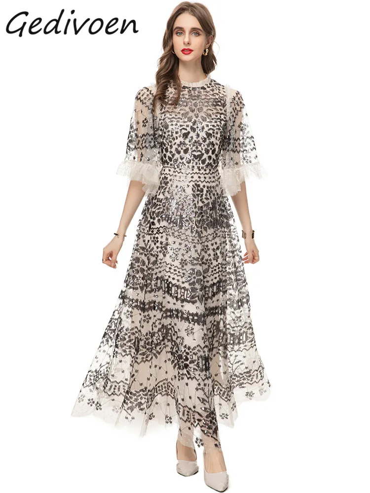 

Весеннее модное дизайнерское винтажное Сетчатое платье Gedivoen, женское облегающее длинное платье с круглым вырезом, коротким рукавом, оборками и блестками, высокой талией