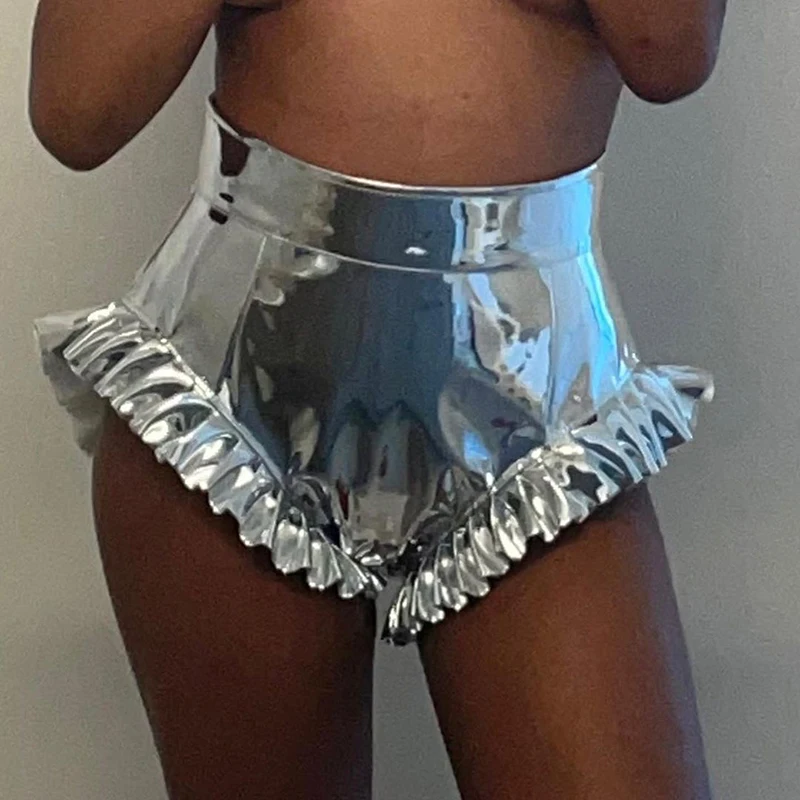 Frills Metallic PU Leather Booty Shorts Sexy Women Summer Clothing Festival Clubwear High Waisted Shorts Y2k Fashion Gold Silver