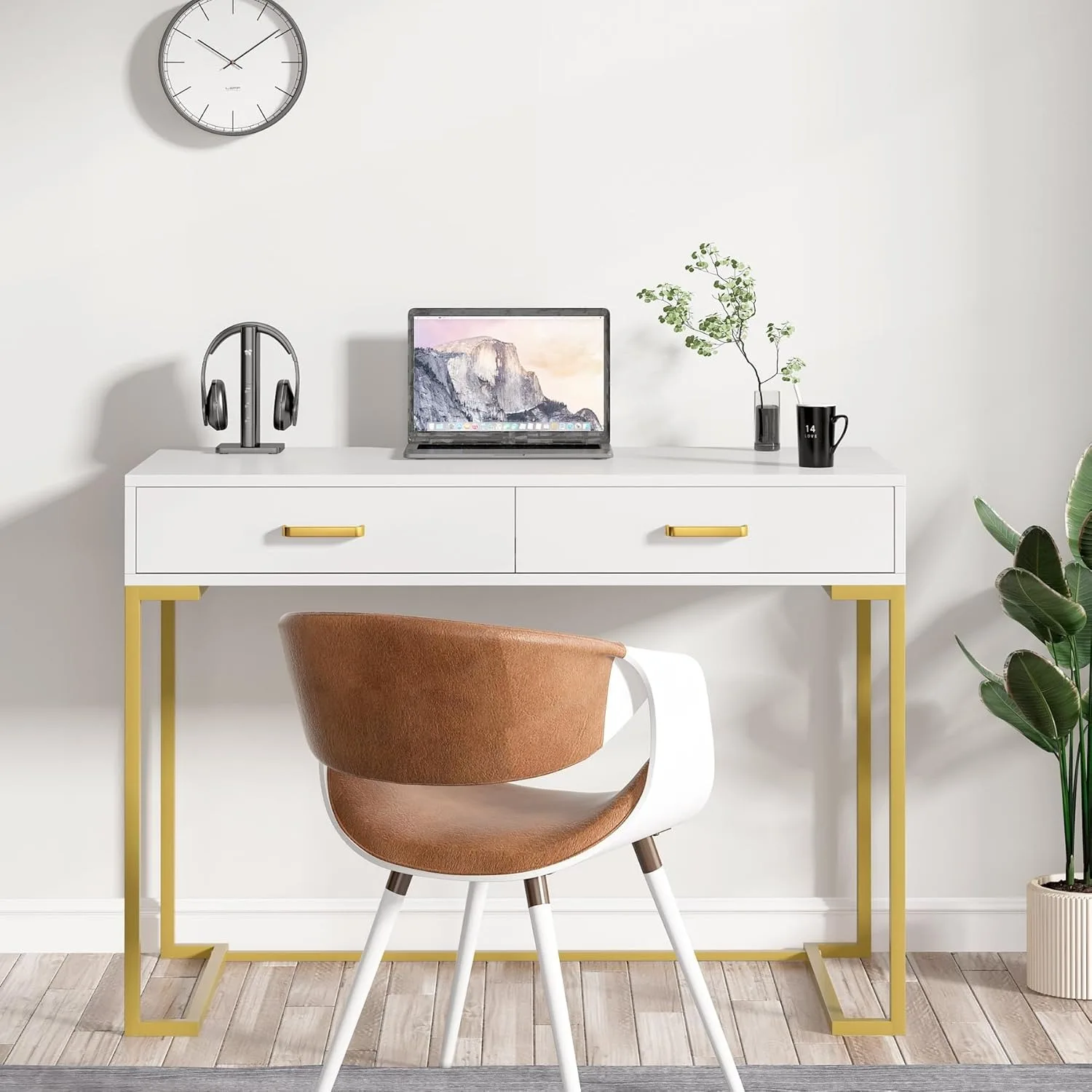 Computer Desk with 2 Drawers, White and Gold Desk Modern Writing Desk Study Table for Home Office, Bedroom (White/Gold) 3