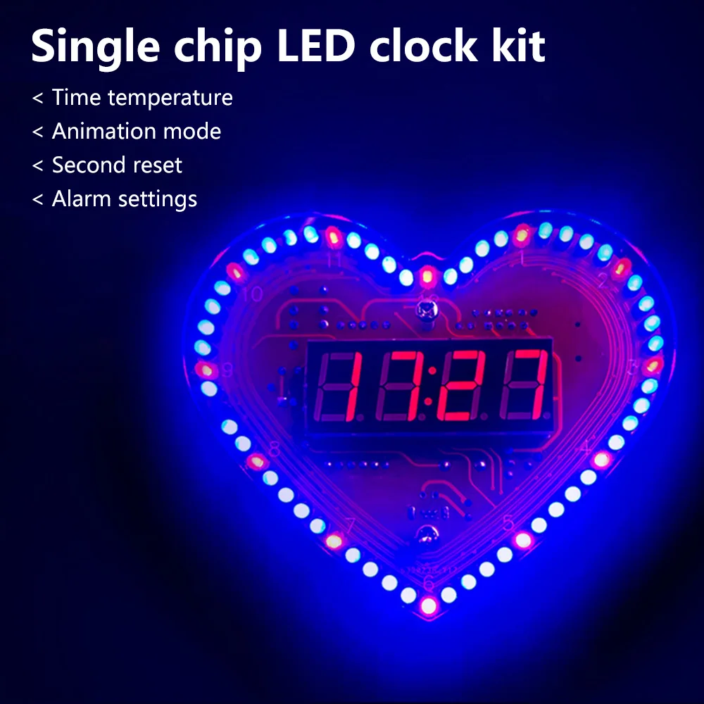 DIY Clock Kits Heart-Shaped 4-Digit Date/Time/Temperature/Week Alarm Clock Soldering Suite with LED Light for Girl Birthday Gift 2