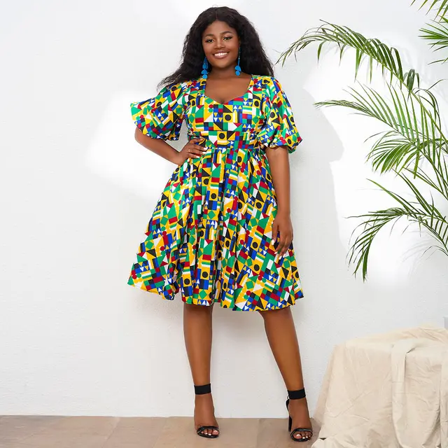 Osas Bob Sleeve V-Neck Flare Print Dress