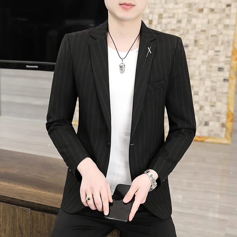 New Men's Solid Color Gentleman Slim Trend Casual Striped Blazer All Match British Style Breathable Youth Fashion Handsome Suit