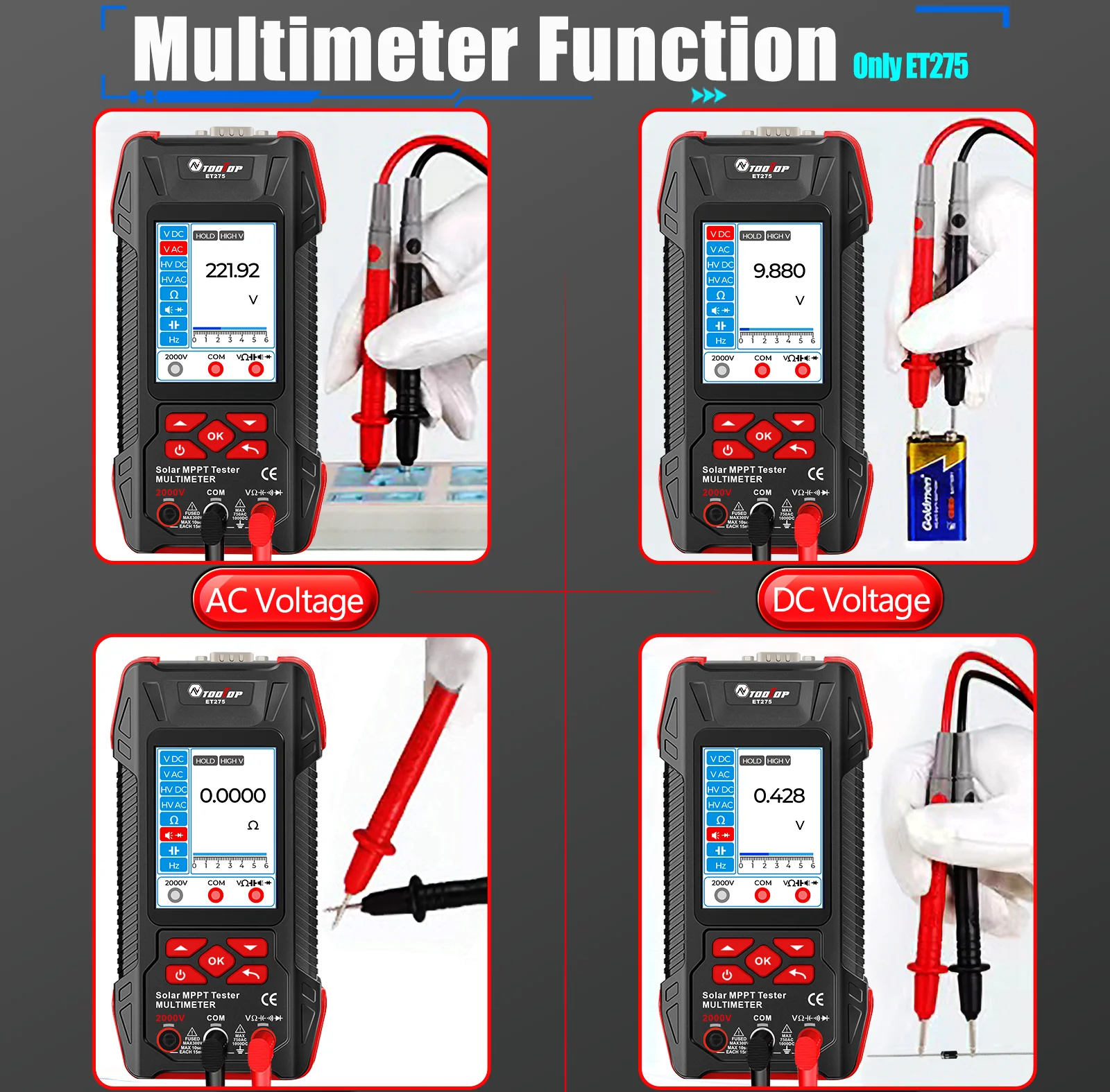 2000W Solar Panel Tester 3.2Inch MPPT Curves Photovoltaic Multimeter Pmax Voc Ls
