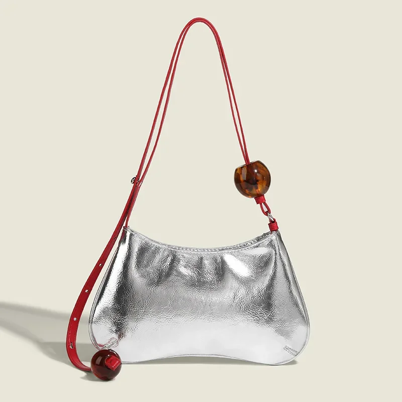 

Vintage Silver Beaded Shoulder Bag with Large Pearl Design for Women