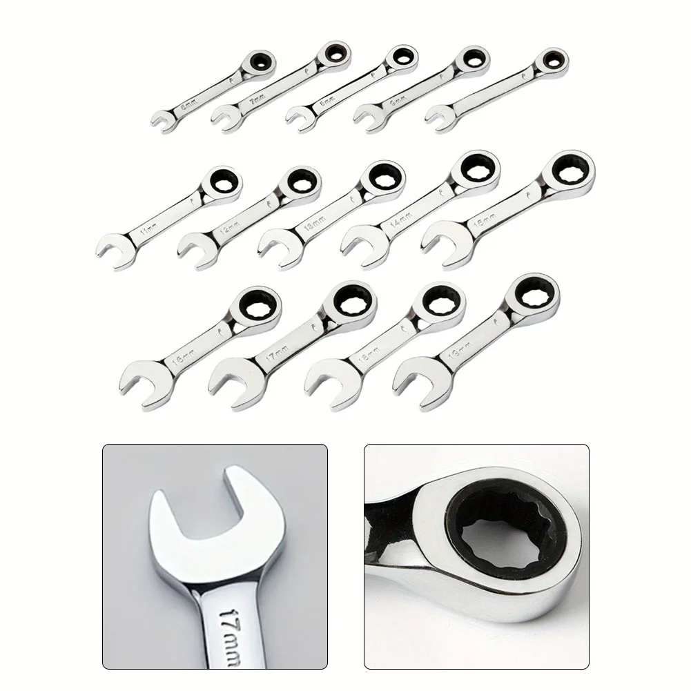 1pc 6-19mm Ratchet Socket Wrench Spanner Short Handle 72 Tooth Reversible Combination Single Wrench Open Box End Multi-to