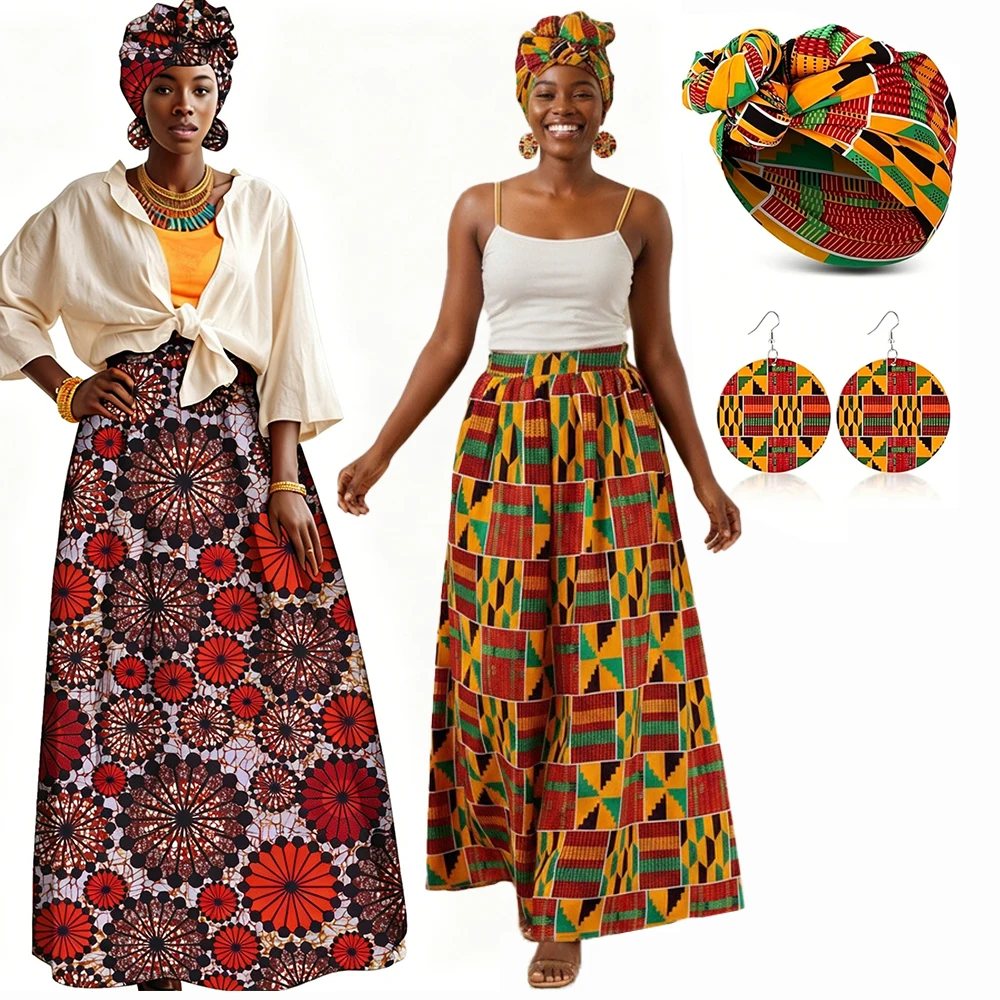 Women African Costumes Bohemian Ethnic Geometric Print High-Waisted Maxi Skirt with Headscarf and Earrings Tribal Casual Skirt