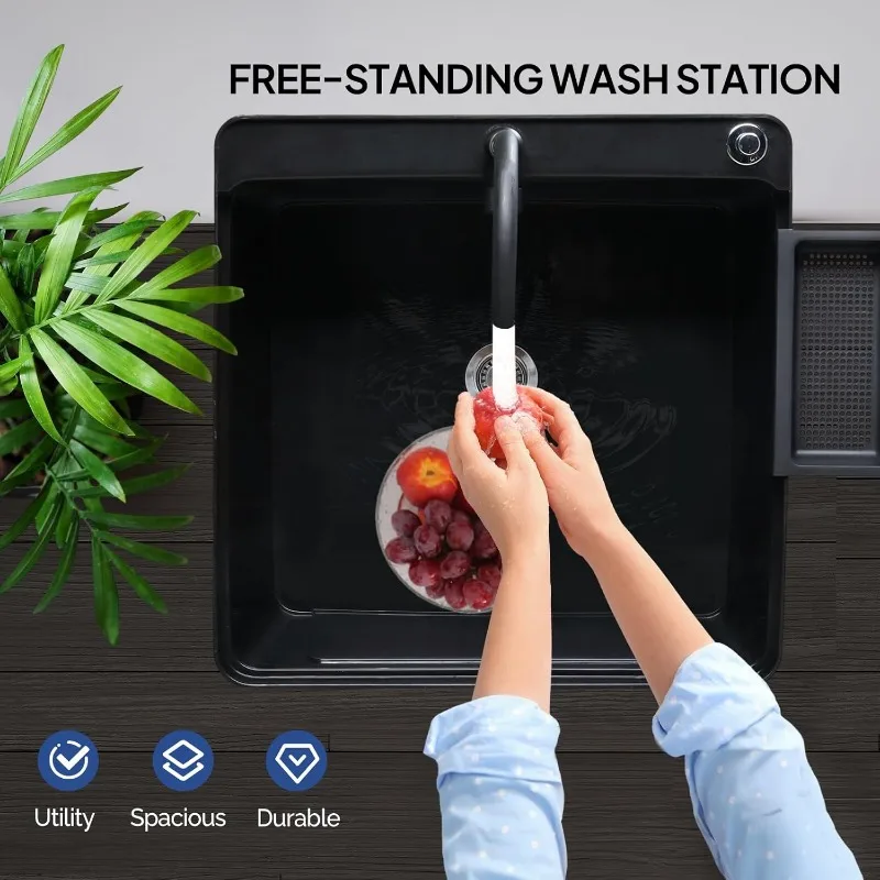 Utility Sink Laundry Tub for Washing Room, 23.6"×23.6"×36.2" Freestanding Utility Sink with Stainless Steel Faucet, Black 4