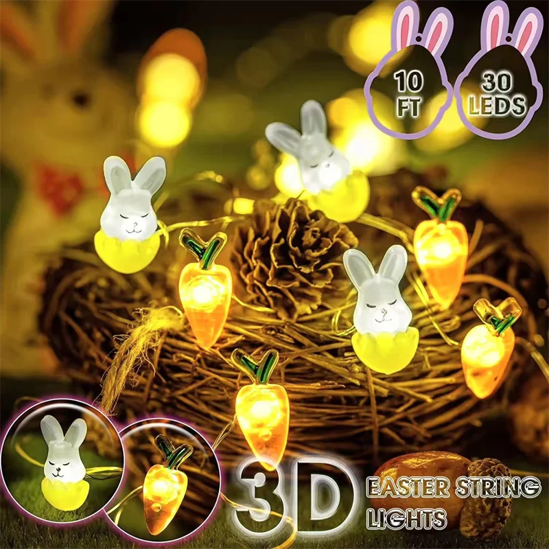 

2024 Easter Rabbit String Light Carrot Chick Eggs Fairy Light Garland Happy Easter Party Curtain Decoration for Home Kids Gift