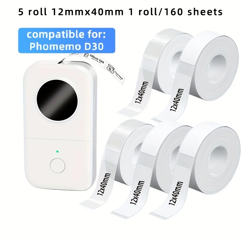 흰색 & 투명 감열 라벨 12x40mm 자가 접착식 찢김 방지 스티커 (D30 프린터용, 보관 정리용)