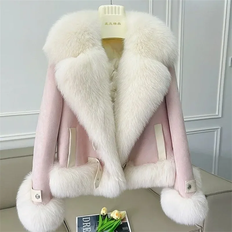 Fashion Imitation Fox Fur Grass Coat Women's Short 2024New Furry coat Woolen collar thickened warm coat for winter Fur Coat Pink