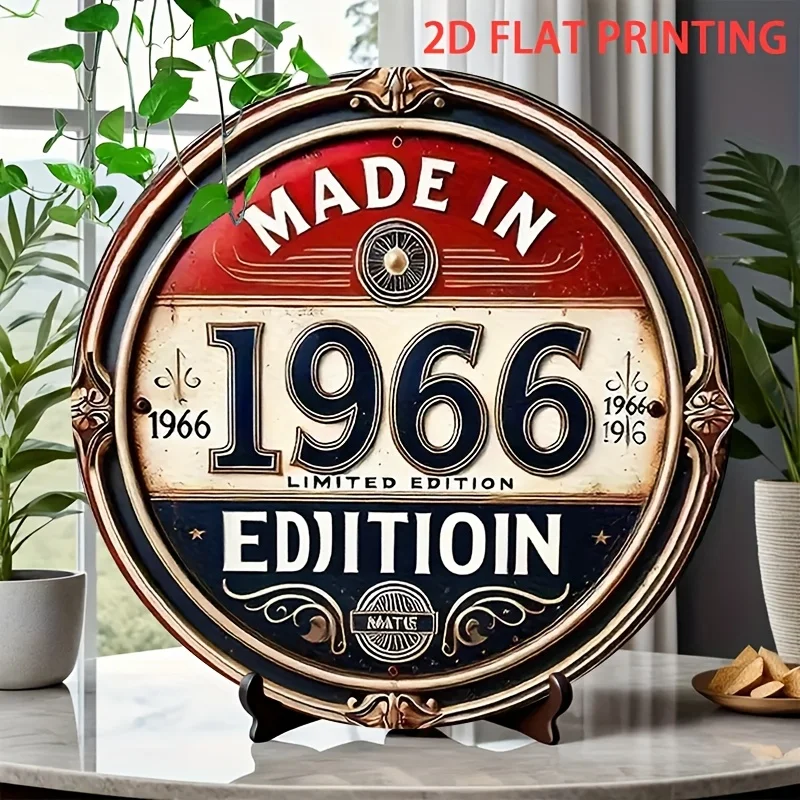 2D plat, 1 st 2D platte print 1966 heruitgave teken - "MADE IN 1966 LIMITED EDITION" tekst + vintage lijnen, nostalgische wanddecoratie ijzer 20