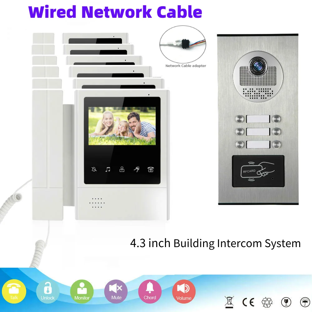 

4.3"Network Cable Connect Video Intercom RFID Access Control 2/3/4/6 Call Buttons Video Door Phone Doorbell Camera Kits