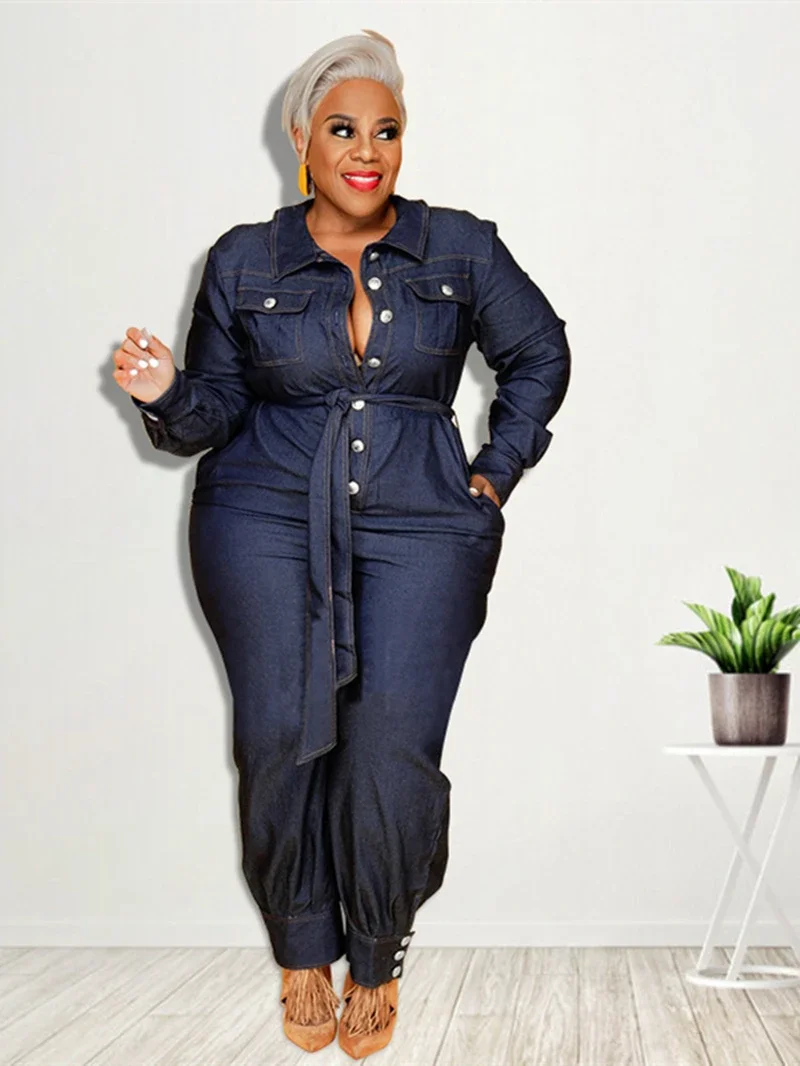 

Vintage Denim Jumpsuits for Women Spring Clothing Full Sleeve With Belt Jean Rompers Playsuits One Pieces Suits Overalls Outfits