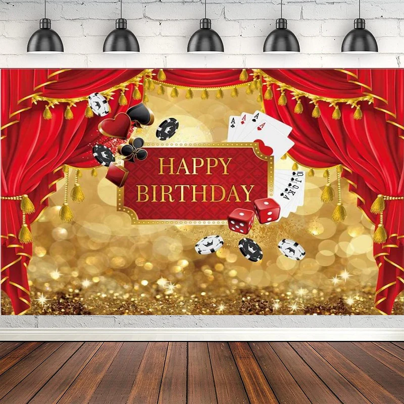 Buon Compleanno Fotografia Sfondo Royal Casino Golden Glitter Sfondo Red Curtain Poker Party Decoration Cake Table Banner