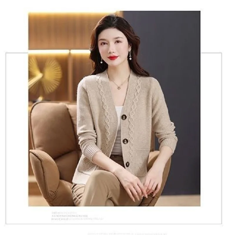 여성용 니트 풀오버 스웨터, 중년 V넥 긴팔 카디건, 단색 코트, 가을 및 겨울, 신상