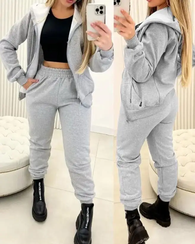 

Woman Casual Zipper Design Hooded Top & Pocket Design High Waist Pants Set Women's Fashion Two Piece Sets Outfits