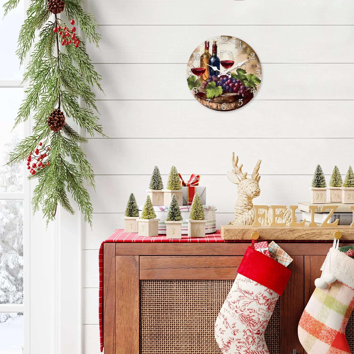 Retro Wine Pattern Wooden Wall Clock – Silent Quartz Home Decor 6