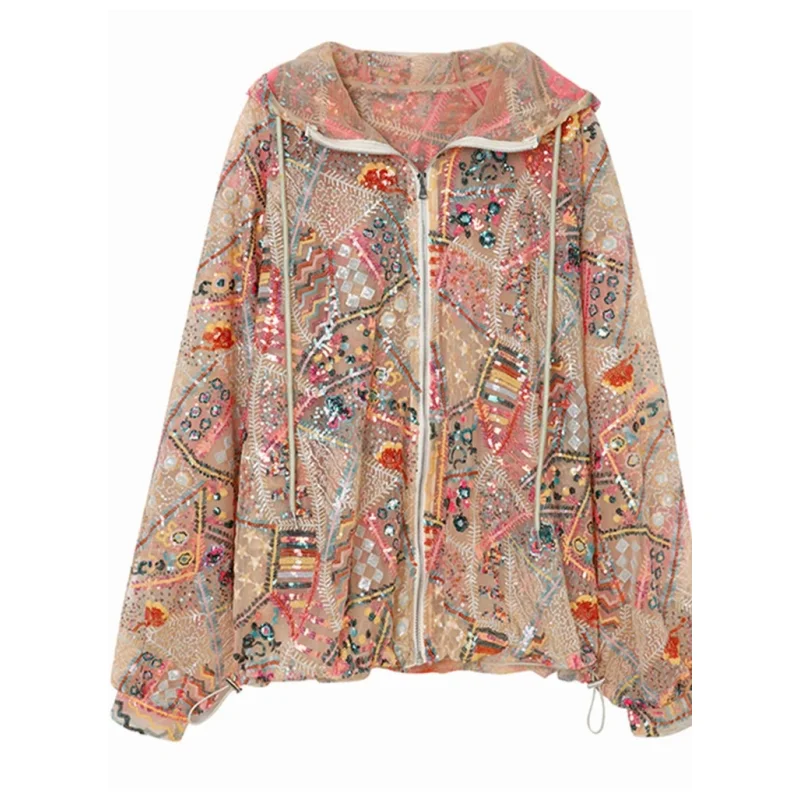 

Куртка женская с капюшоном и блестками, свободная уличная одежда с длинным рукавом, верхняя одежда с кулиской, весна-лето