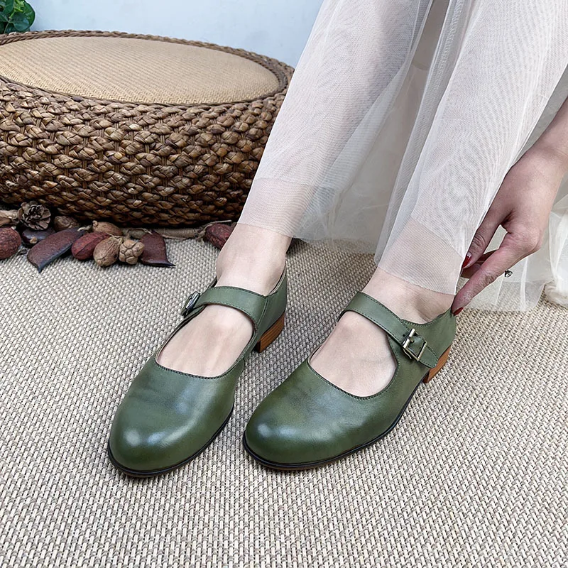 

YourSeason Genuine Leather Vintage Ladies Pumps Spring Autumn New Handmade Women Buckle Thick Heel Comfortable Shoes Round Toe