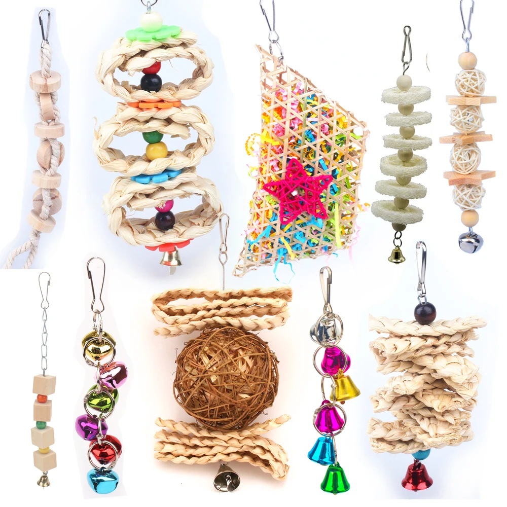 

Bird Toys Parrot Stand Perch For Parakeet Swing And Accessories Cockatiel Product Bell Natural Wooden Grass vogel speelgoed