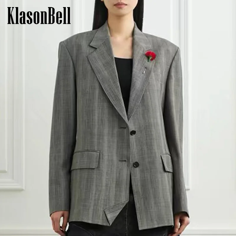 

3.10 KlasonBell Women's 2024 Spring New Rose Decorative Back Hollowed Out Plaid Blazer Or Patchwork Color Wide Leg Pants Suit