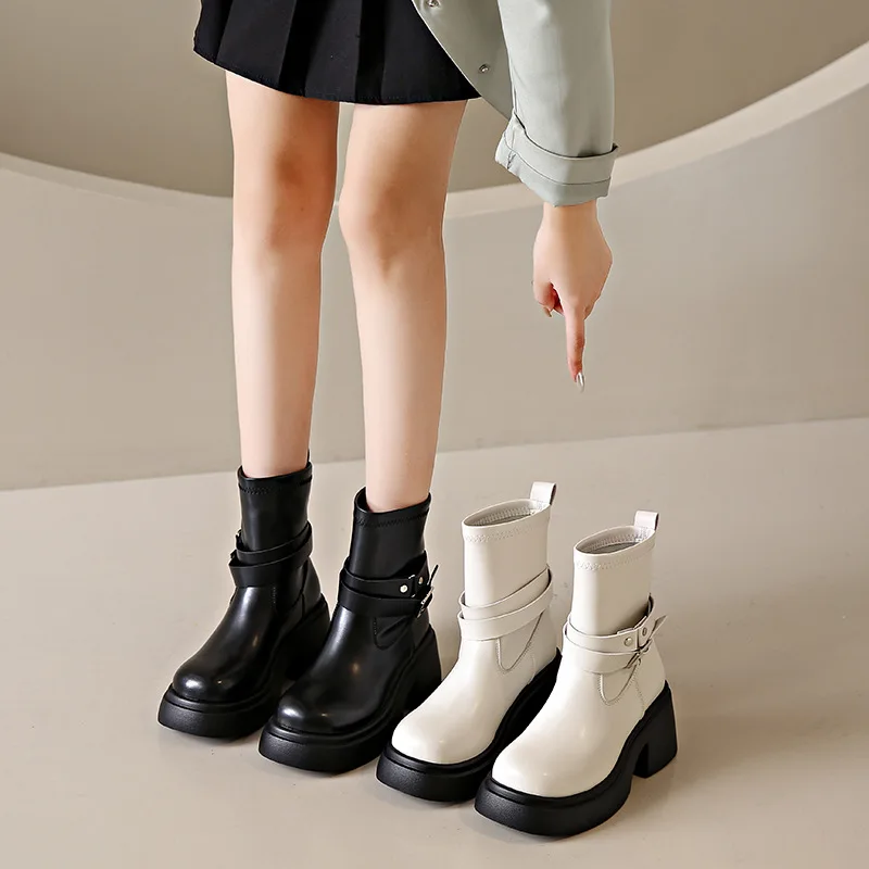 Women's Fashion Thick-soled Thick-heeled Boots For Four Seasons New Thin Section Thin Boots Mid-tube Elastic Casual Boots 35-40